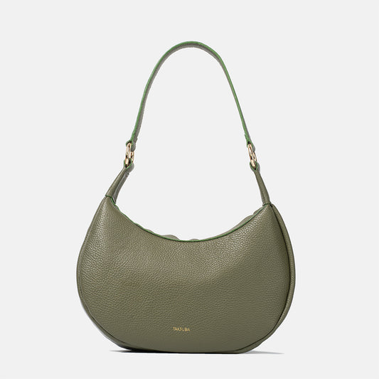 Oliwkowa skórzana torebka półksiężyc z krótkim uchwytem i złotymi okuciami, marka TAKSUBA.