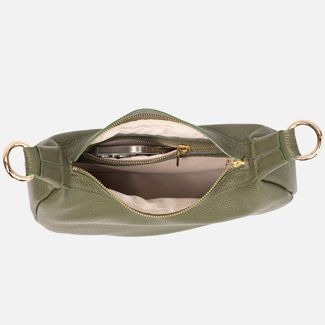 Wewnętrzne zamknięcie skórzanej torebki Hedera w kolorze oliwkowej zieleni, funkcjonalne i stylowe