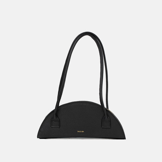 Czarna skórzana torebka Amber o półksiężycowym kształcie z długimi uchwytami i złotym zamkiem marki Taksuba