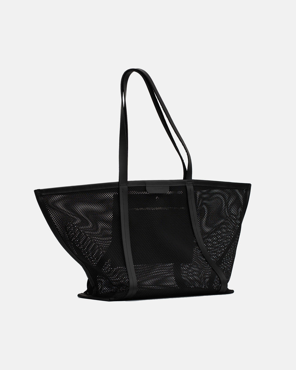 Angled view of the black Astra Mesh shopper bag with long shoulder handles and structured mesh body