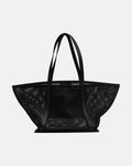 Front view of the black Astra Mesh shopper bag with wide sculptural shape and long shoulder handles