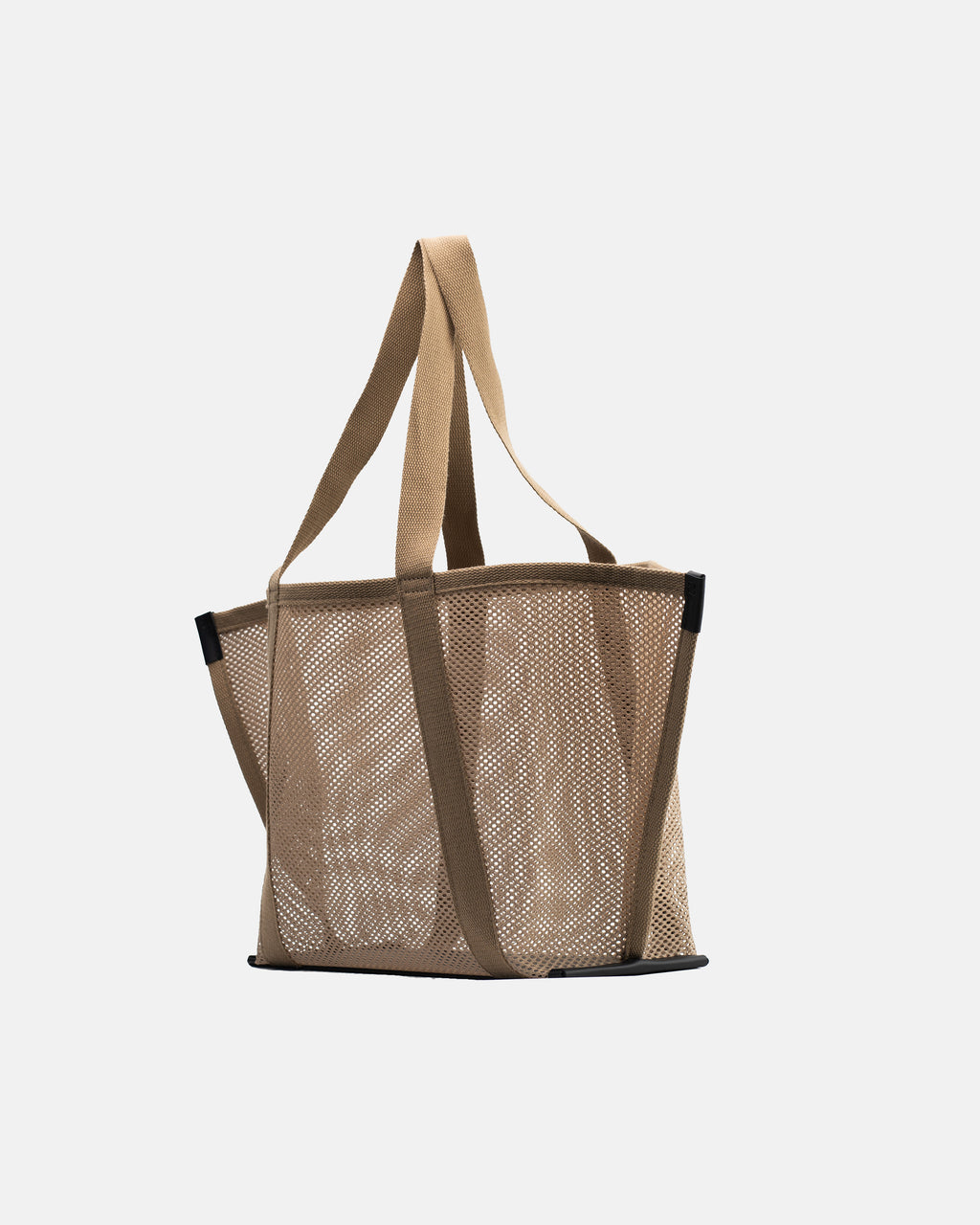 Angled front view of Astra Shopper Mesh beige tote bag with semi-transparent mesh body, long shoulder straps, and structured base