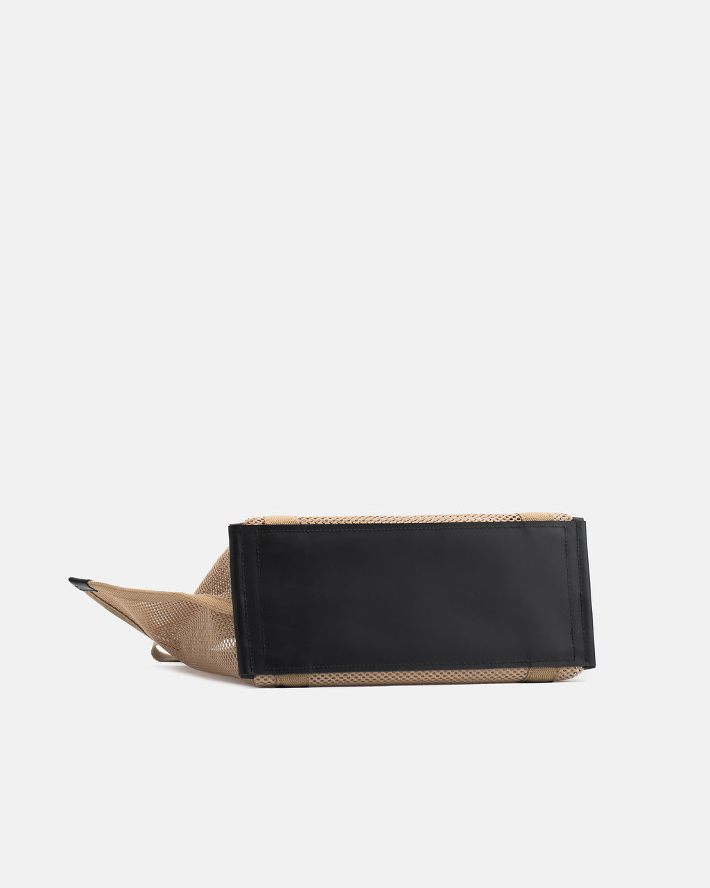 Bottom view of Astra Shopper Mesh beige tote bag showing the structured black leather base and mesh body