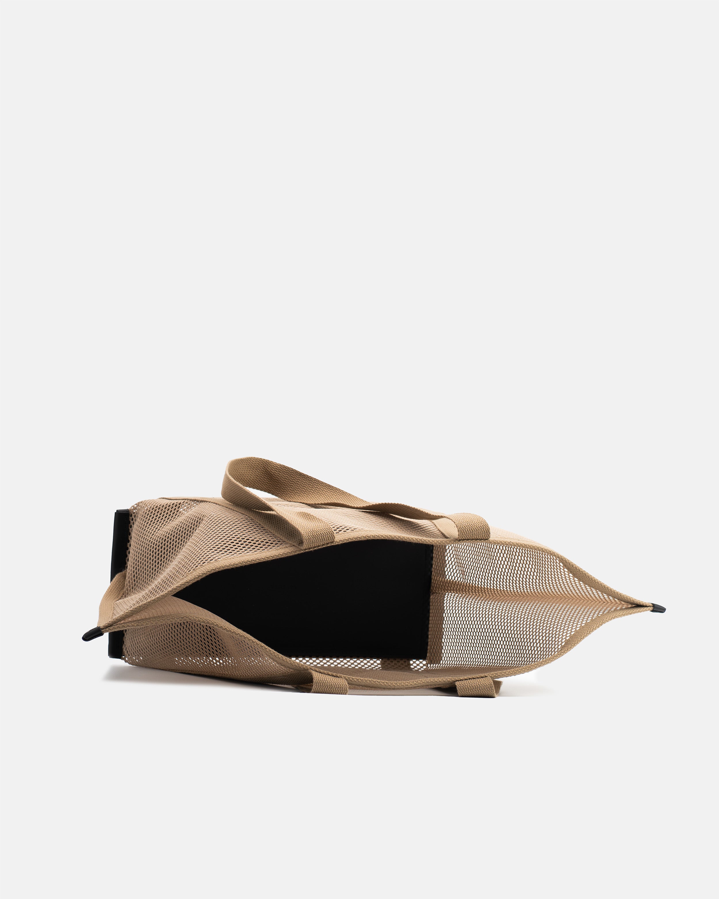 Open top view of Astra Shopper Mesh beige tote bag showing the spacious main compartment, mesh body, and shoulder straps