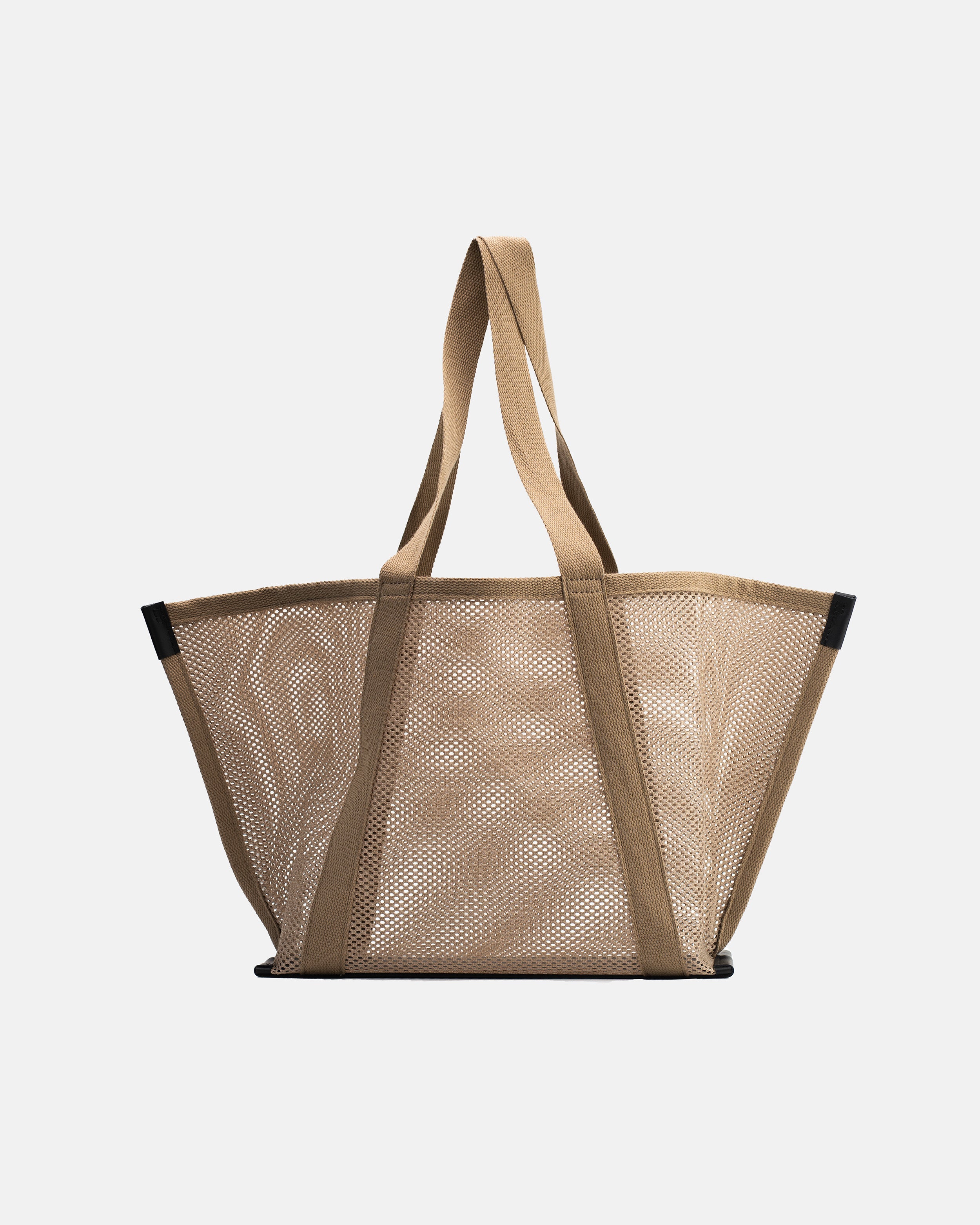 Astra Shopper Mesh beige tote bag with semi-transparent mesh body, leather base, and shoulder straps
