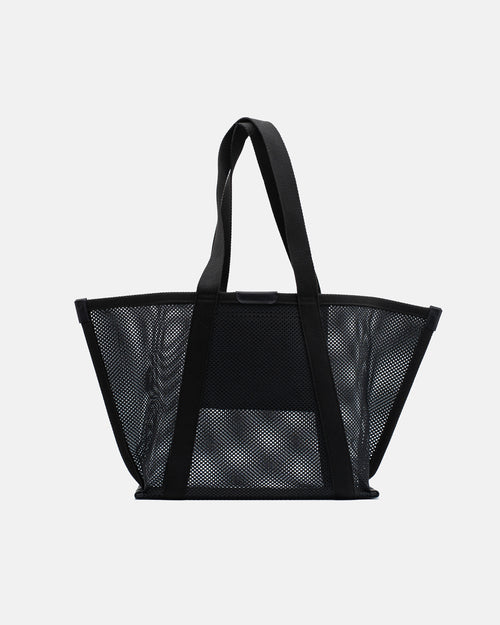 Black Astra shopper bag with semi-transparent mesh body and webbing handles