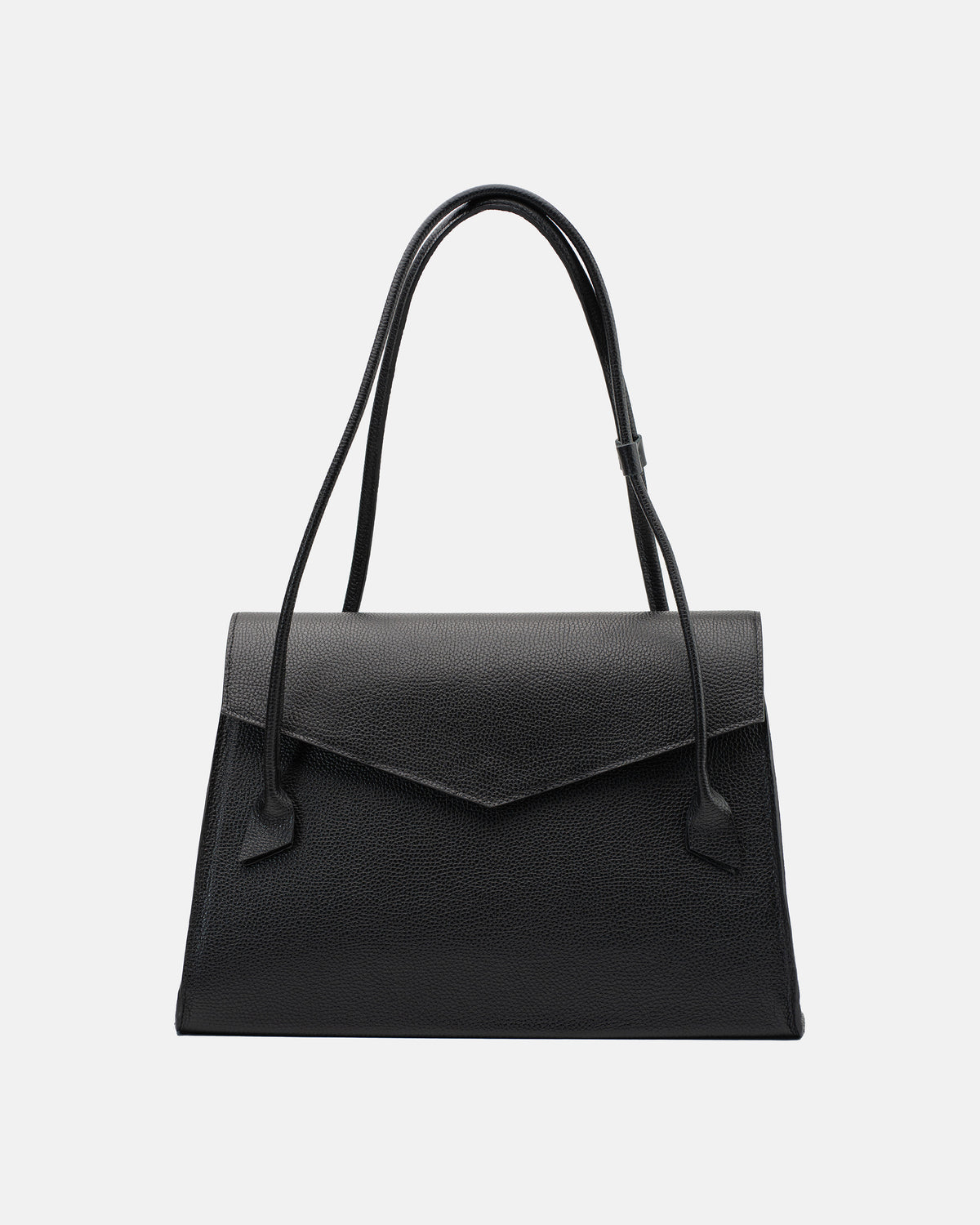 Black pebbled leather shoulder bag with structured trapezoid silhouette, pointed envelope flap and long double handles, front view.