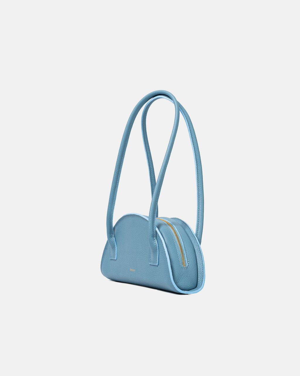 Błękitna torba skórzana damska marki Taksuba o zaokrąglonym kształcie, z widocznym złotym zamkiem i długimi uchwytami na ramię.