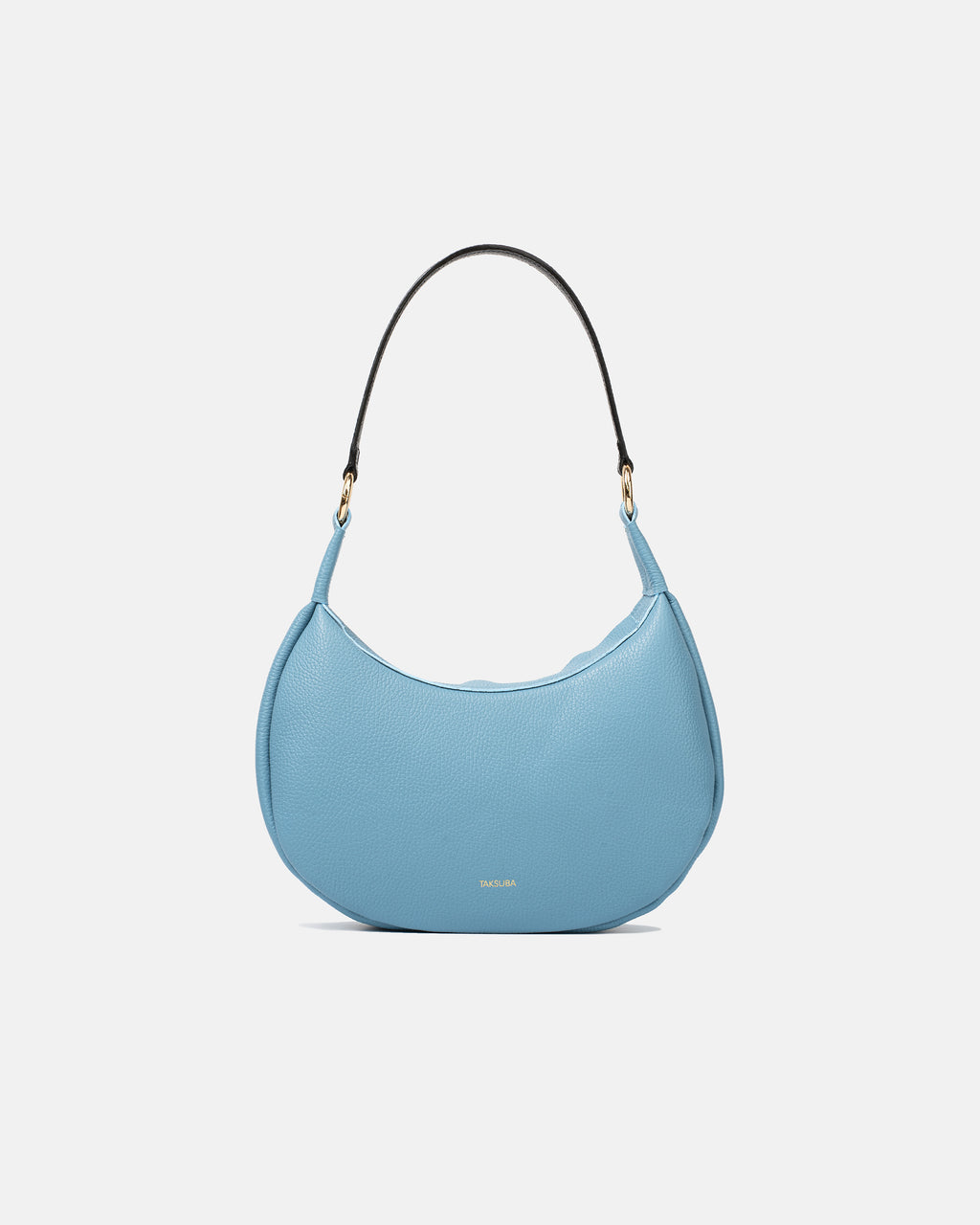 Blue Hedera leather handbag with black shoulder strap and gold-tone hardware