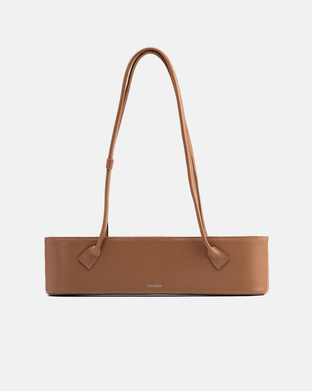 Brown Teckelete leather handbag with elongated body and long shoulder handles