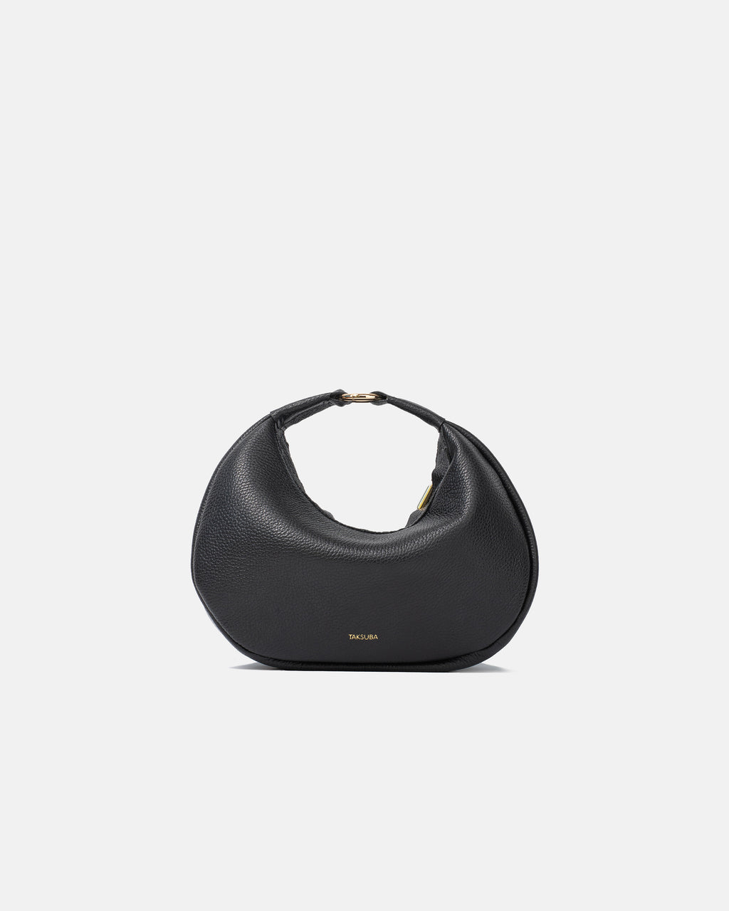 Czarna skórzana torba na ramię o półksiężycowym kształcie z napisem TAKSUBA