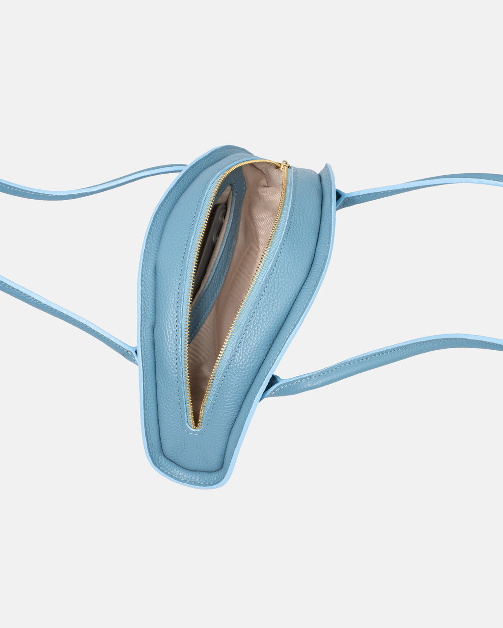 Jasnoniebieska torebka Amber, widok z góry na otwarte wnętrze z zamkiem