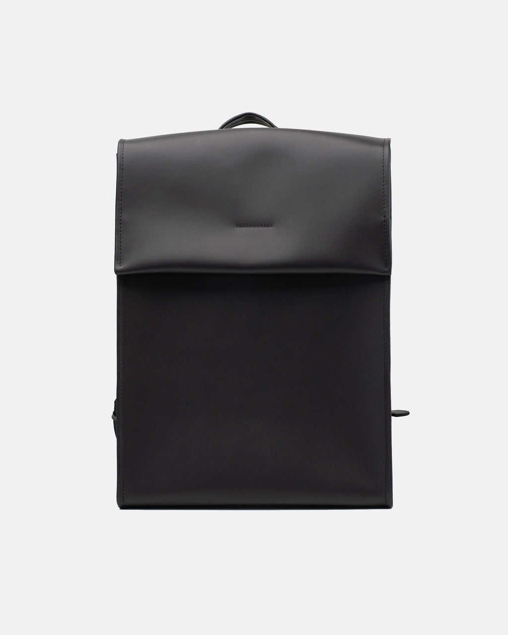 Large smooth black leather backpack with a clean front flap and structured rectangular shape