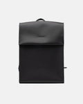 Large smooth black leather backpack with a clean front flap and structured rectangular shape