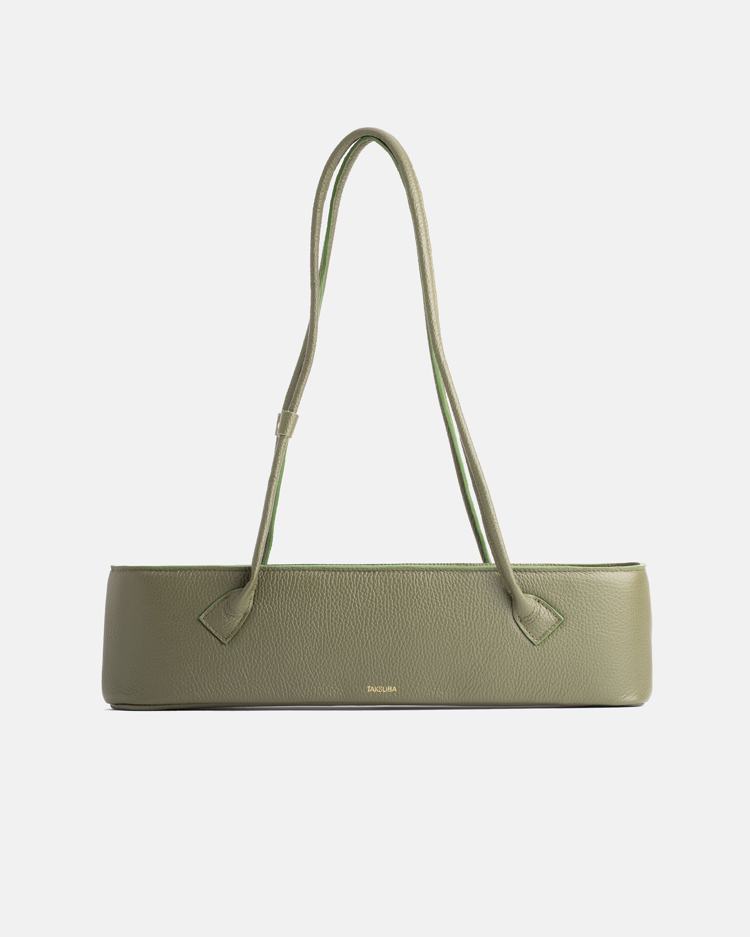 Olive green Teckelete leather handbag with elongated horizontal shape and long handles