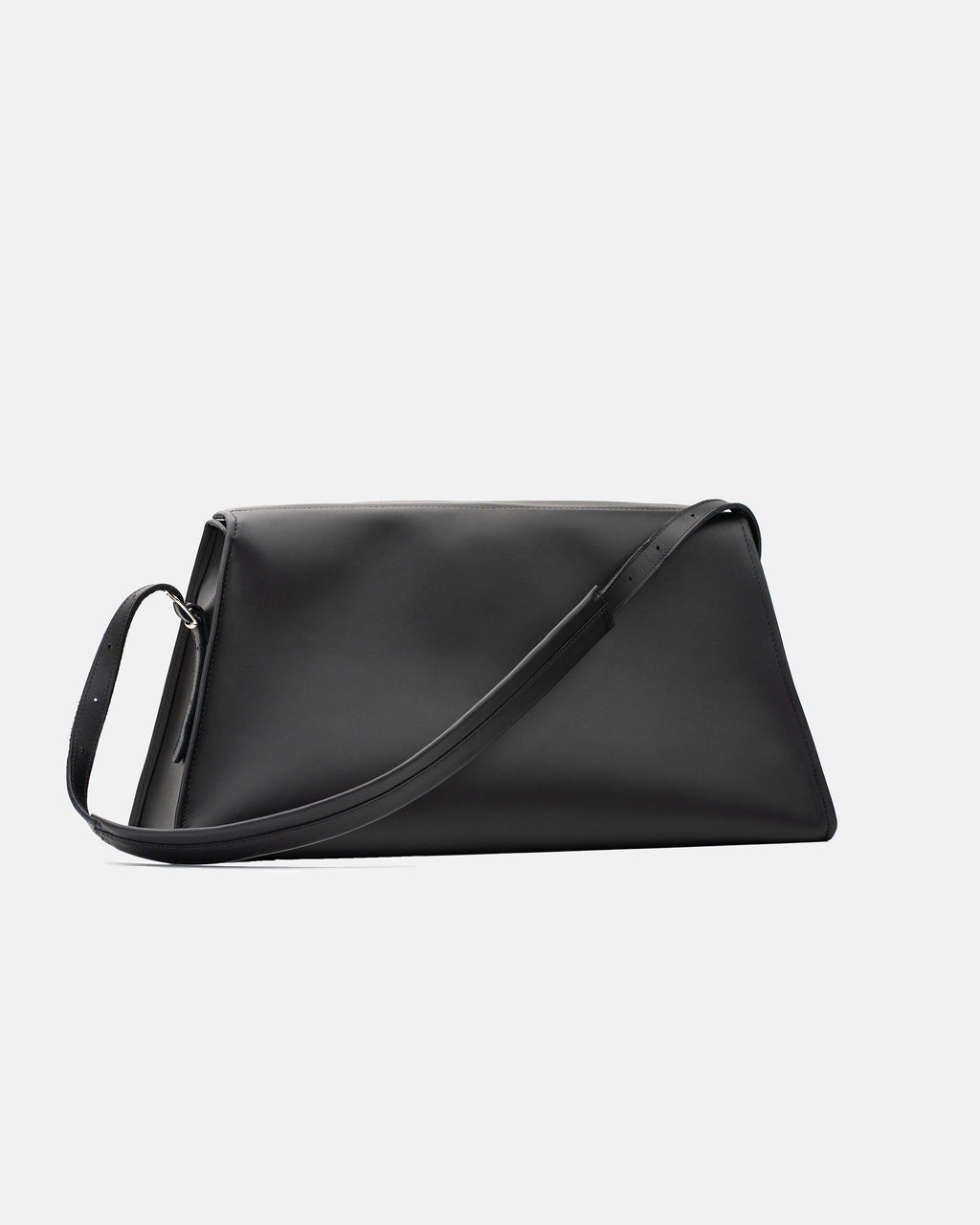 Vela black leather shoulder bag with adjustable strap, front view