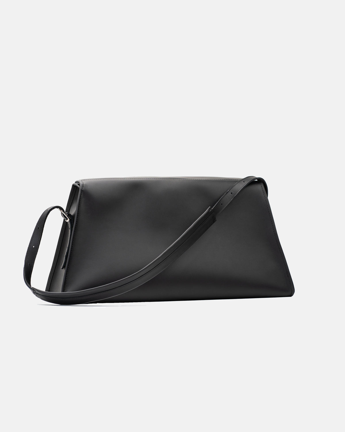 Vela black leather shoulder bag with adjustable strap, front view