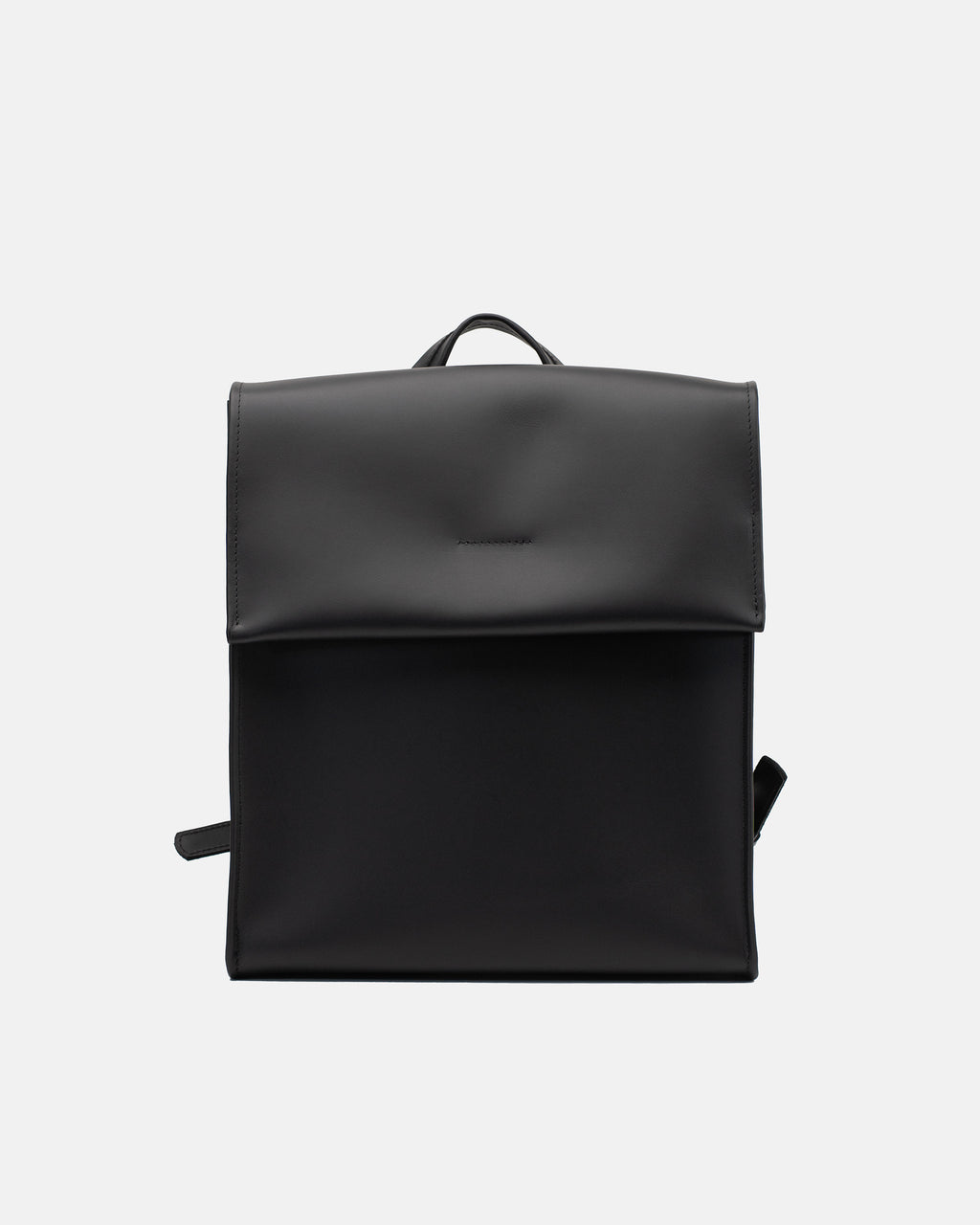 Medium smooth black leather backpack with a clean front flap and structured rectangular shape