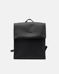 Medium smooth black leather backpack with a clean front flap and structured rectangular shape